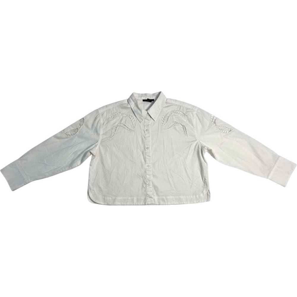 Christian Lacroix White Cut Out Leaf Embroidered Cropped Button Down Shirt‎ Sz L